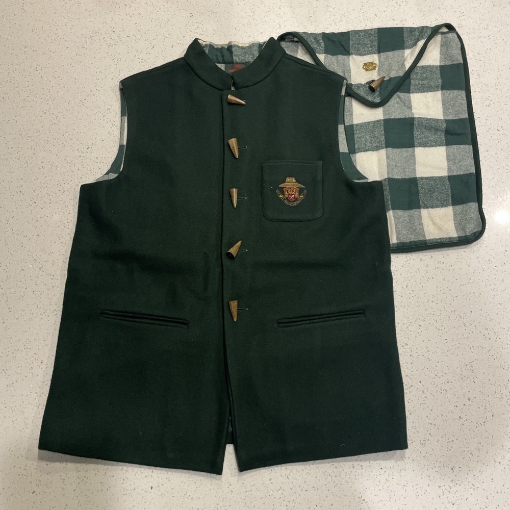Le Prince Jardinier Vest Plaid‎ Lined/Matching Bag Size M Green Antler Button